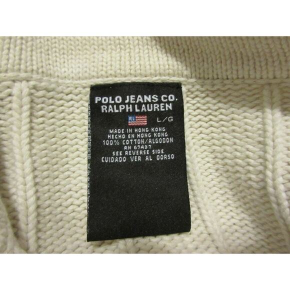 Vtg Polo Jeans Mens Large Ralph Lauren Cream Off White Cable Knit Sweater Y2K 90 - Picture 10 of 10
